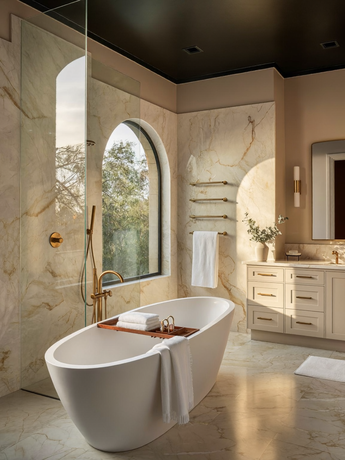 Spa-style primary bathroom remodel with marble walls and freestanding tub